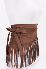 Brown faux suede fringe belt styled wrapped around waist

