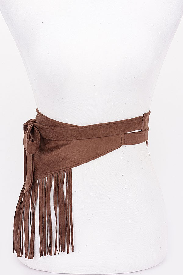 High-waisted tie belt with cascading fringe in suede finish

