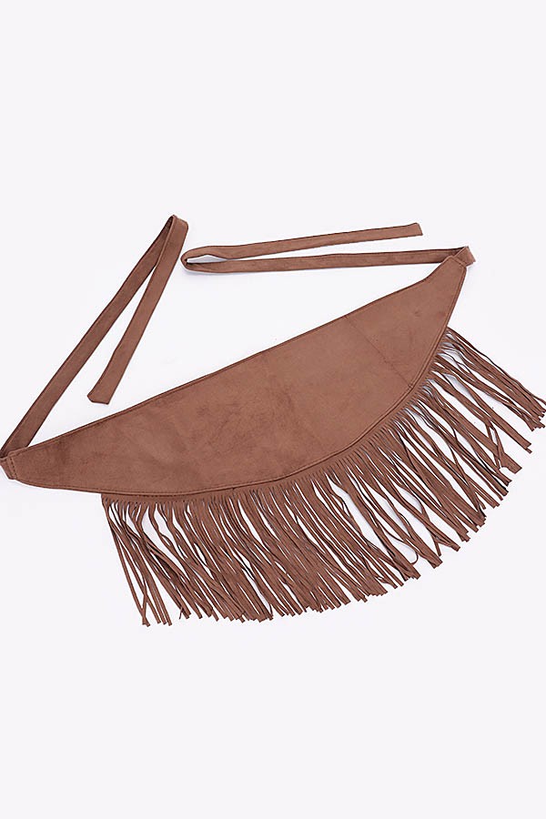 Layered suede wrap belt with dramatic fringe and soft texture

