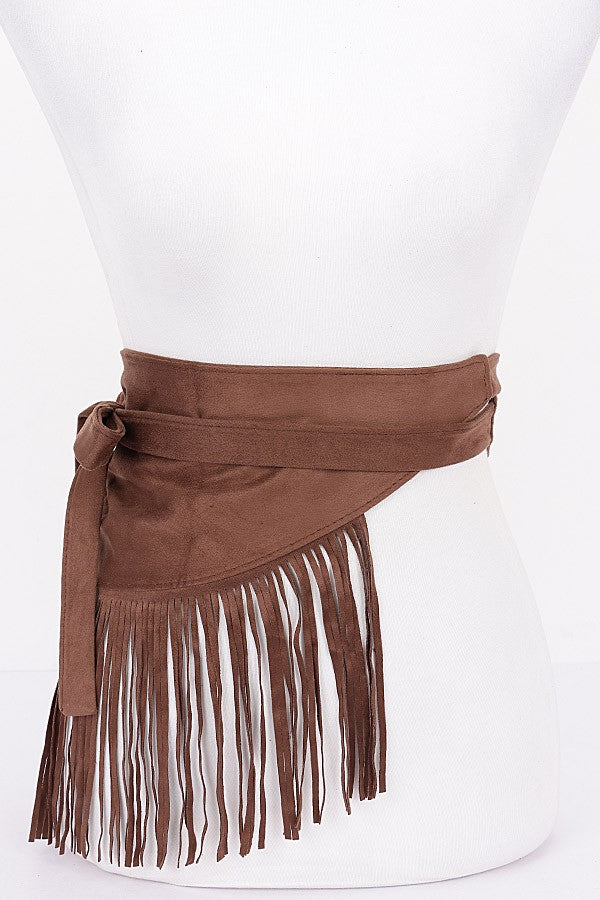 Flat lay of brown fringe waist belt with long tie straps


