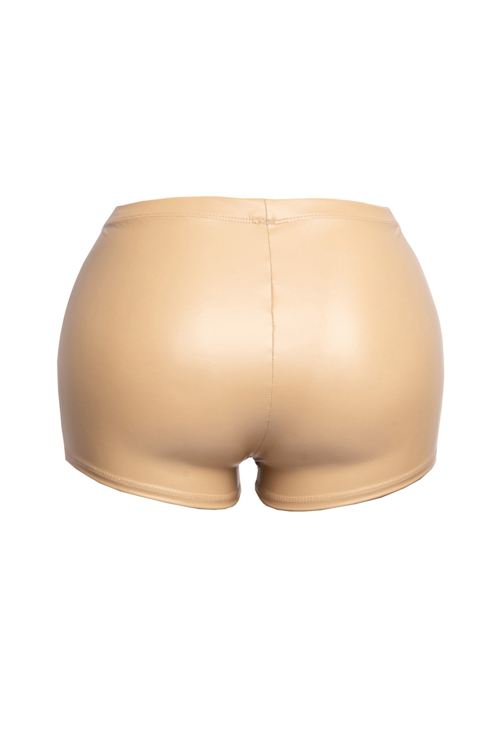 Back angle of nude bodycon shorts showing seamless PU-like texture

