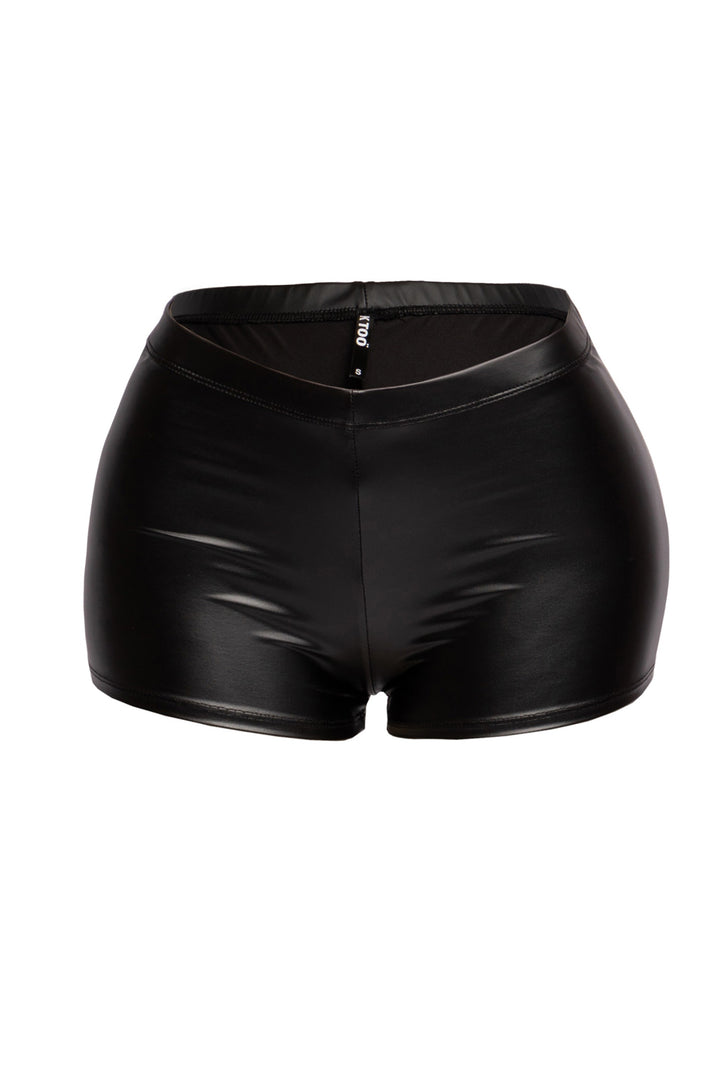 Matte black mini shorts with sleek waistband and curve-hugging fit

