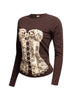 Brown Bogomore Lace Corset Long Sleeve Top with white lace corset design - left side view.