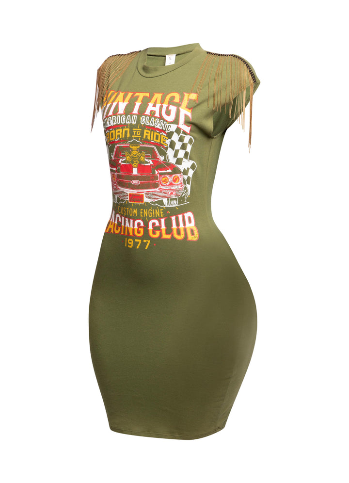 Side view of olive green vintage racing club t-shirt highlighting the sleeve fringe detail.