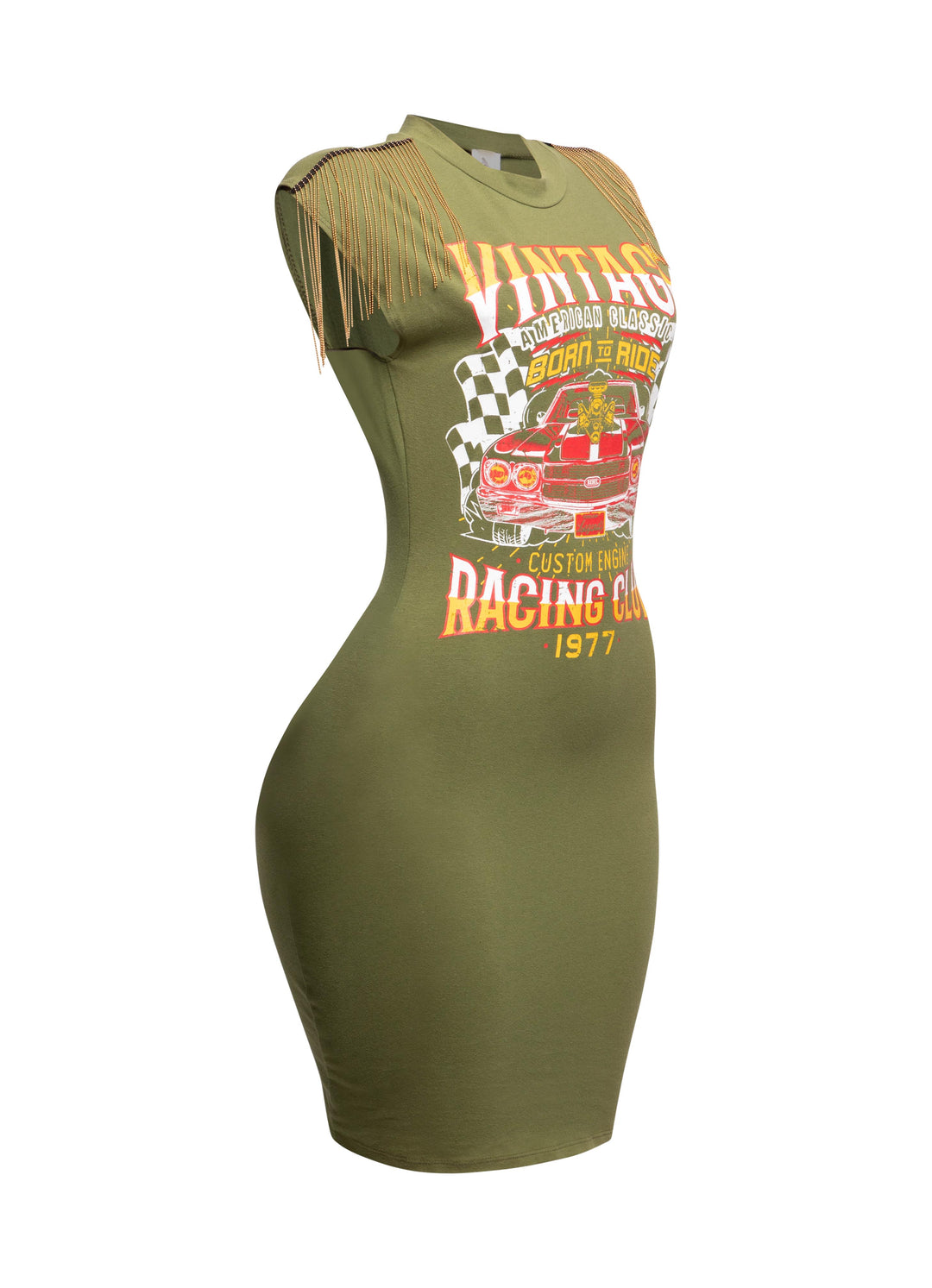 Opposite side view of olive green vintage racing club t-shirt showing sleeve fringe detail.