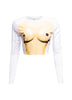 Front view of Bogomore Smiley Cropped Top in beige and olive green with smiley face graphic.