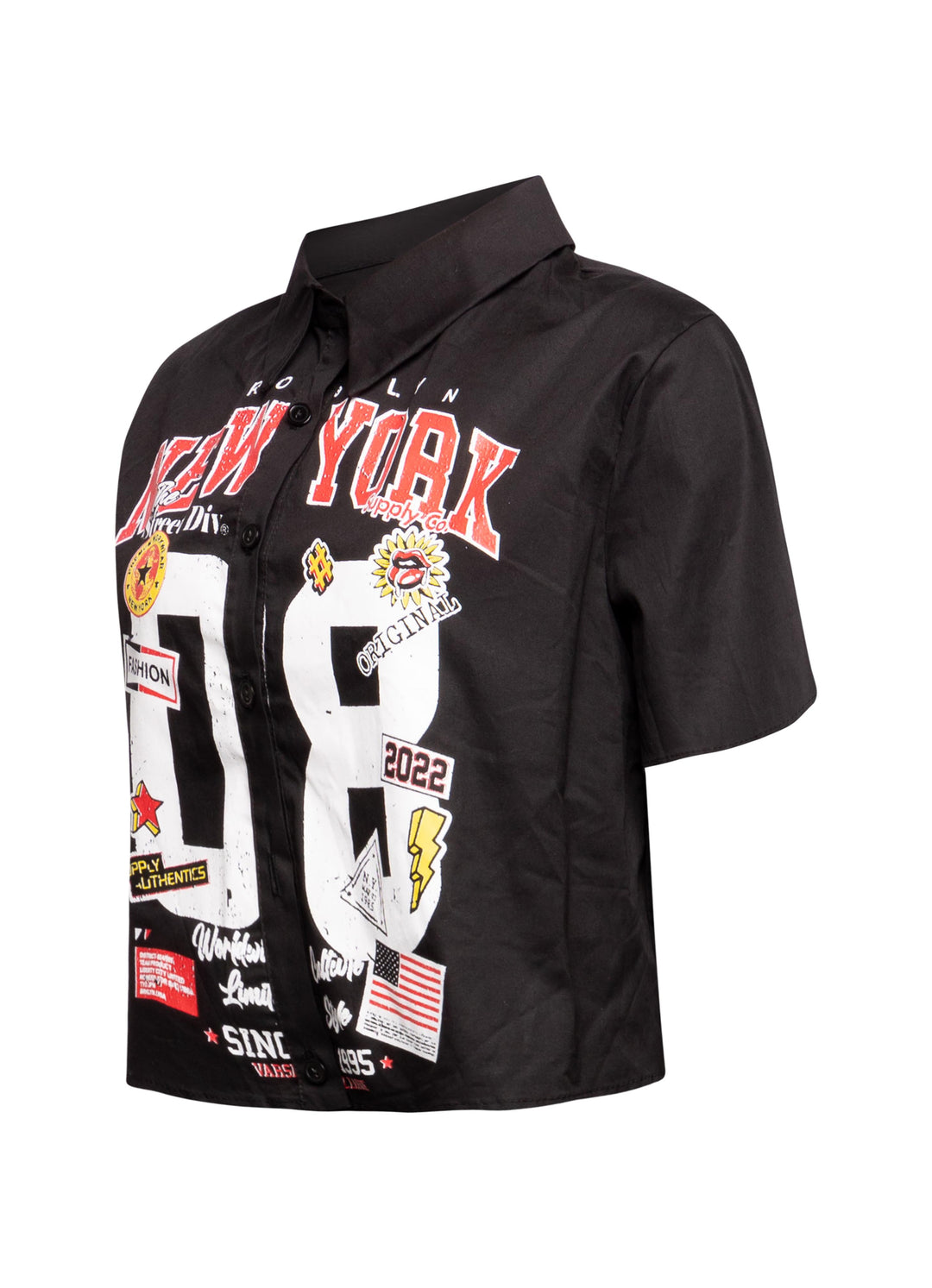 Left side view of black New York-themed graphic shirt displaying sleeve detail