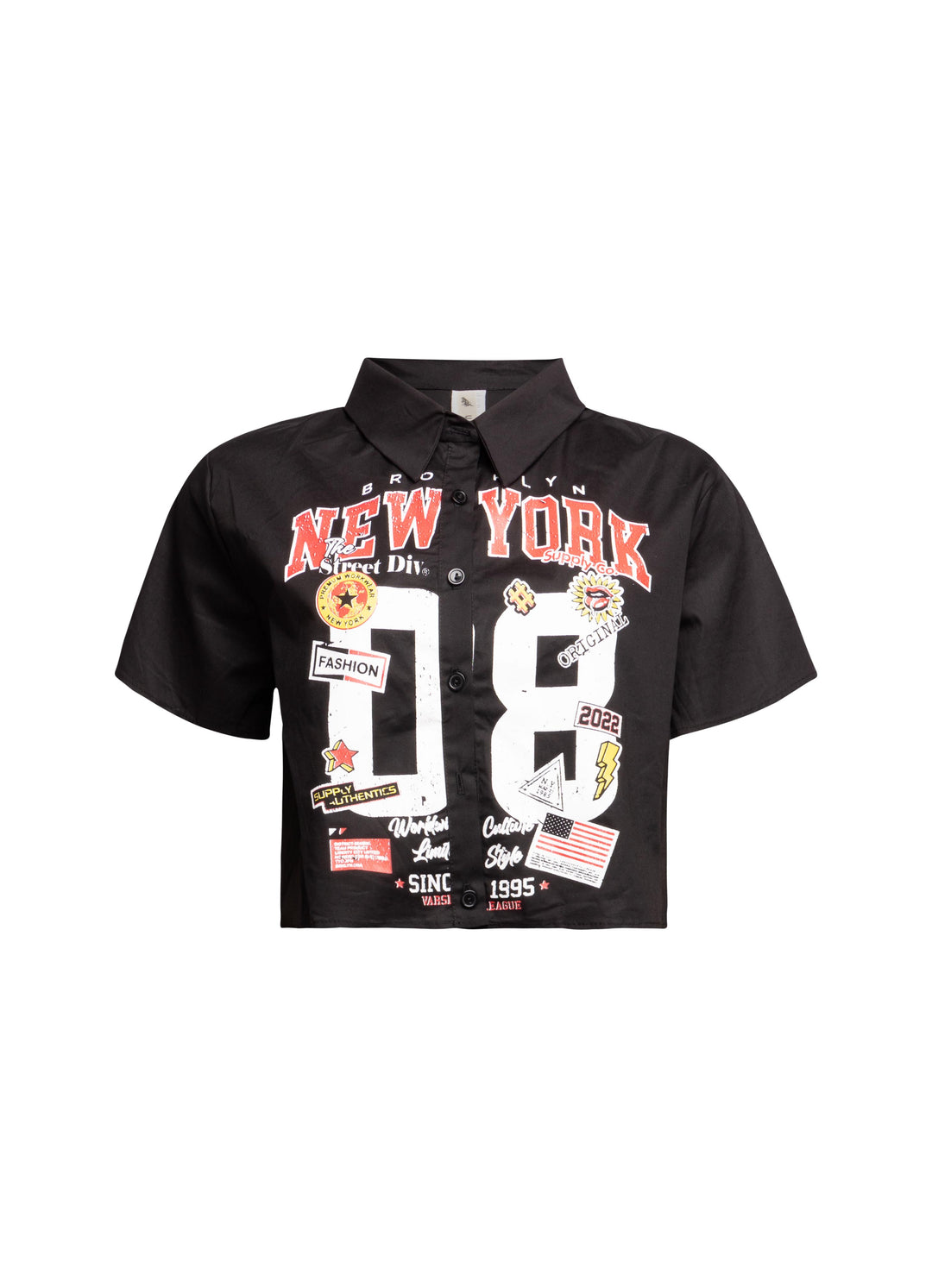 Front view of black New York-themed graphic shirt showcasing bold numerals and city motifs.