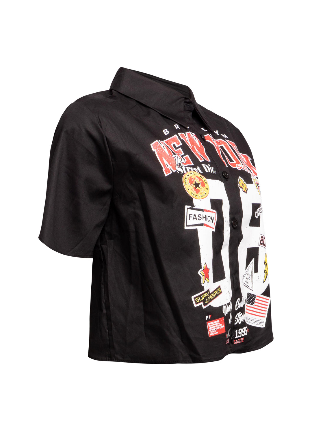 Right side view of black New York-themed graphic shirt with partial view of front print