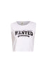 White sleeveless top with ‘WANTED - AMERICAN WITCHCRAFT CITY’ graphic print on the front