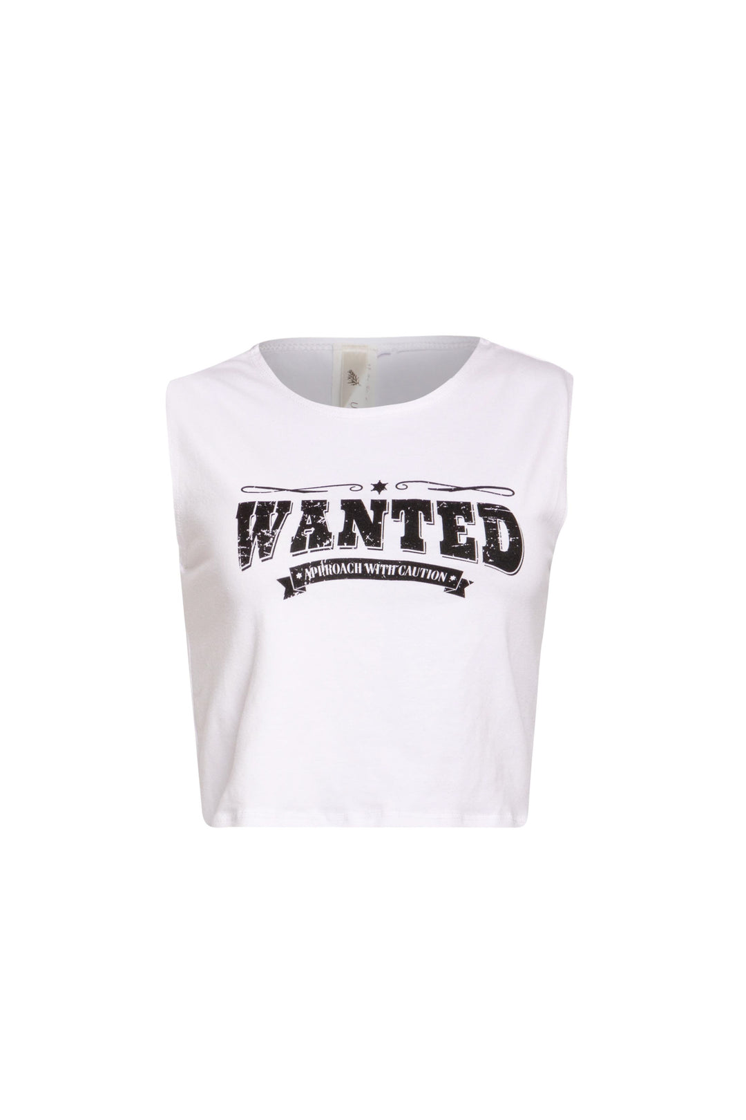 White sleeveless top with ‘WANTED - AMERICAN WITCHCRAFT CITY’ graphic print on the front