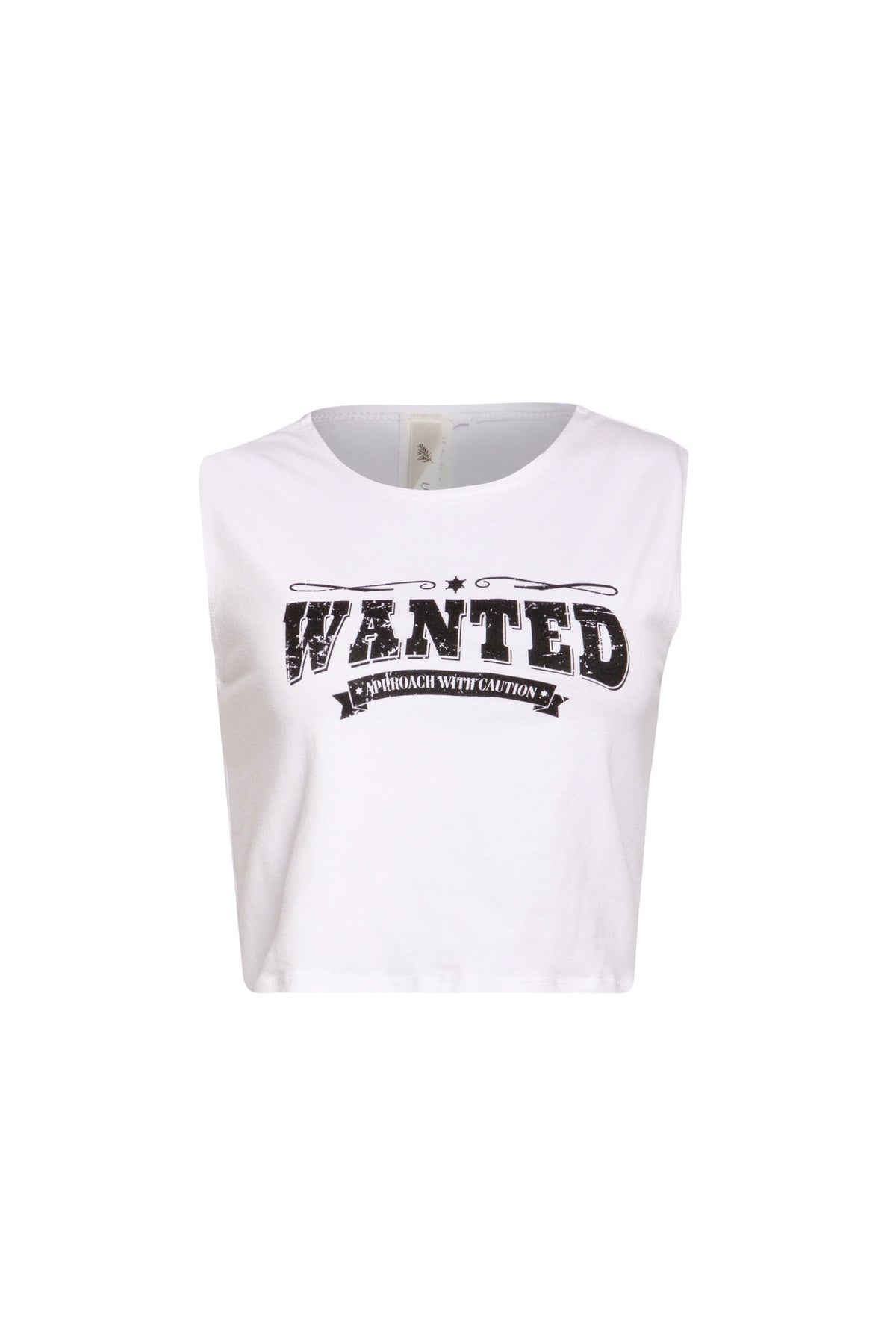 White sleeveless top with ‘WANTED - AMERICAN WITCHCRAFT CITY’ graphic print on the front
