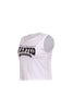 Right side view of white sleeveless ‘American Witchcraft City’ printed top