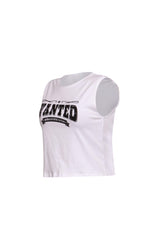Right side view of white sleeveless ‘American Witchcraft City’ printed top