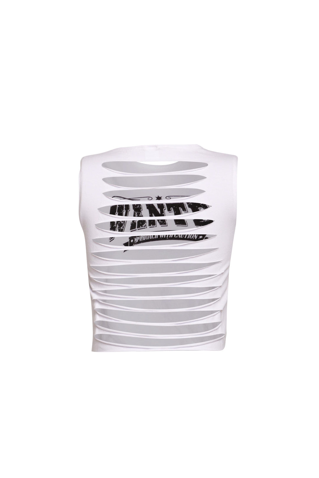 Back view of white sleeveless top showcasing clean design.