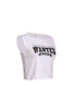 Left side view of white sleeveless ‘American Witchcraft City’ printed to