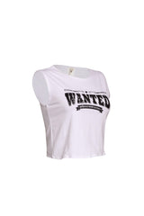Left side view of white sleeveless ‘American Witchcraft City’ printed to
