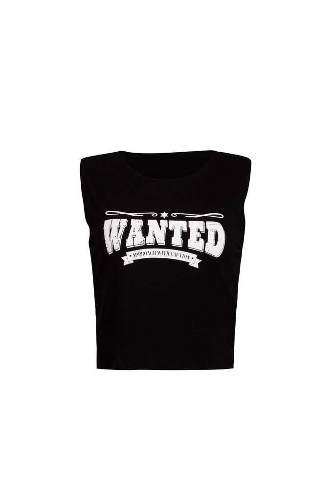 White sleeveless top with ‘WANTED - AMERICAN WITCHCRAFT CITY’ graphic print on the front