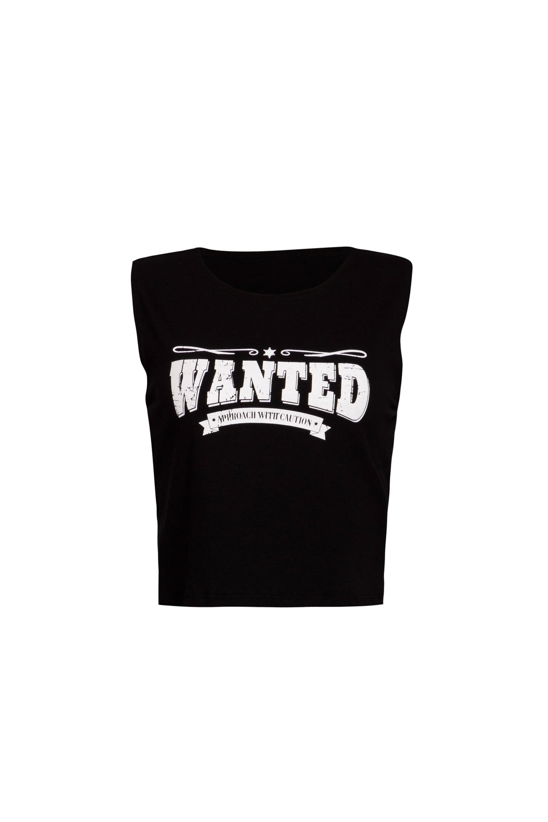 White sleeveless top with ‘WANTED - AMERICAN WITCHCRAFT CITY’ graphic print on the front