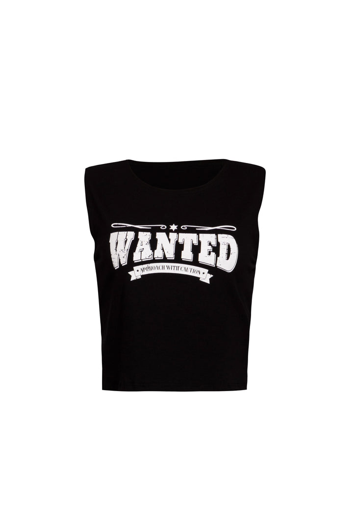 White sleeveless top with ‘WANTED - AMERICAN WITCHCRAFT CITY’ graphic print on the front