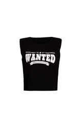 White sleeveless top with ‘WANTED - AMERICAN WITCHCRAFT CITY’ graphic print on the front