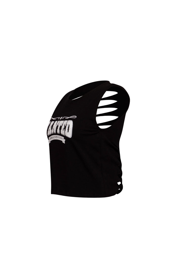 Right side view of white sleeveless ‘American Witchcraft City’ printed top