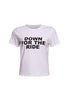 Front view of white 'Down for the Ride' t-shirt with bold black lettering.