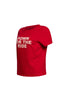 Left side view of red t-shirt with 'Down for the Ride' graphic in white.