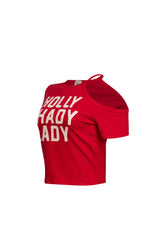 Left side view of Holly Shady Lady Asymmetric Tee in [color], showcasing the off-shoulder design and bold print.