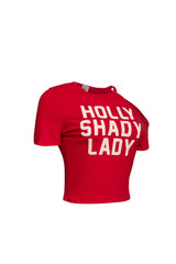 Right side view of Holly Shady Lady Asymmetric Tee in [color], highlighting the asymmetrical shoulder cut-out and graphic print.