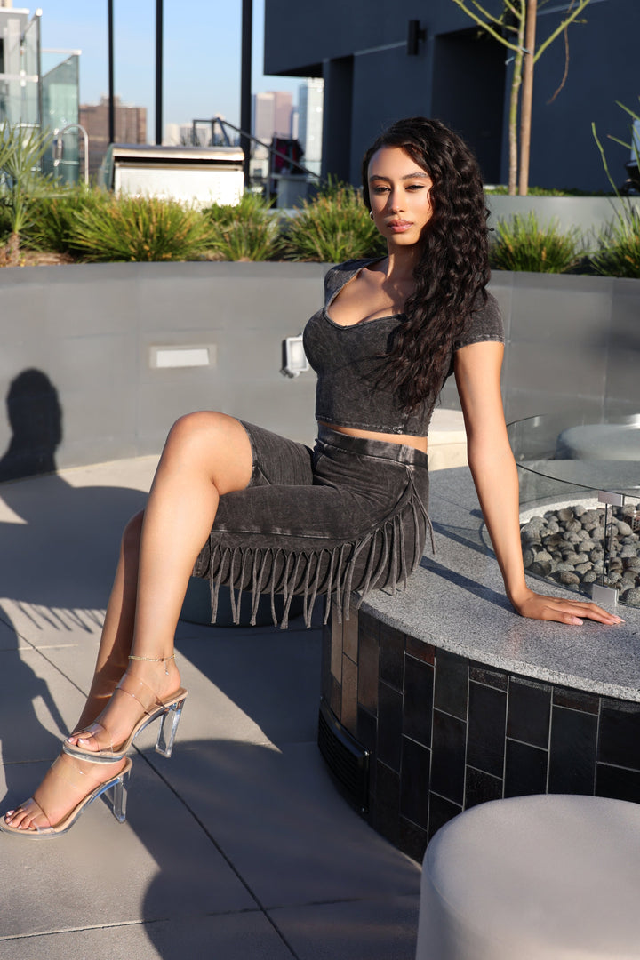 Mineral washed fringe biker set.