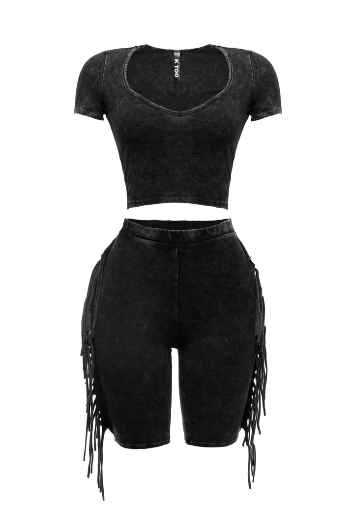 Mineral washed fringe biker set..