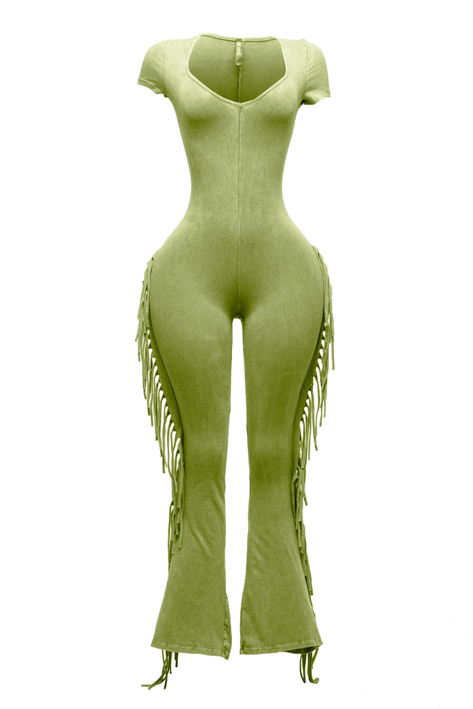 Mineral washed fringed jumpsuit.