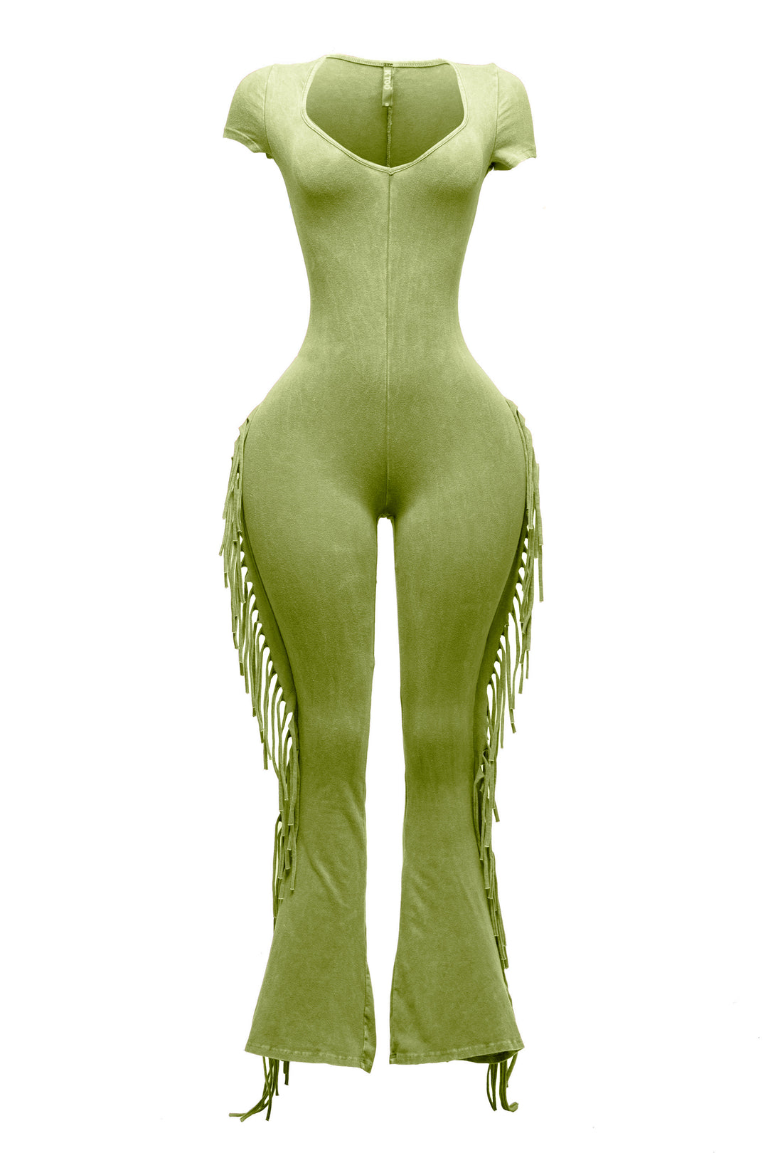 Mineral washed fringed jumpsuit.