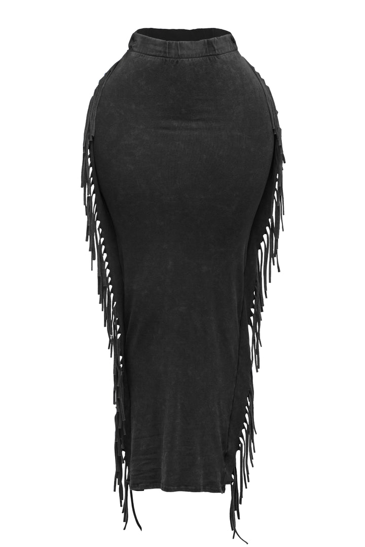 Mineral washed fringed maxi skirt