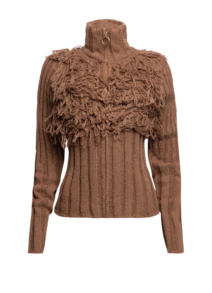 Chunky Knit Fringe Sweater with Zipper Detail