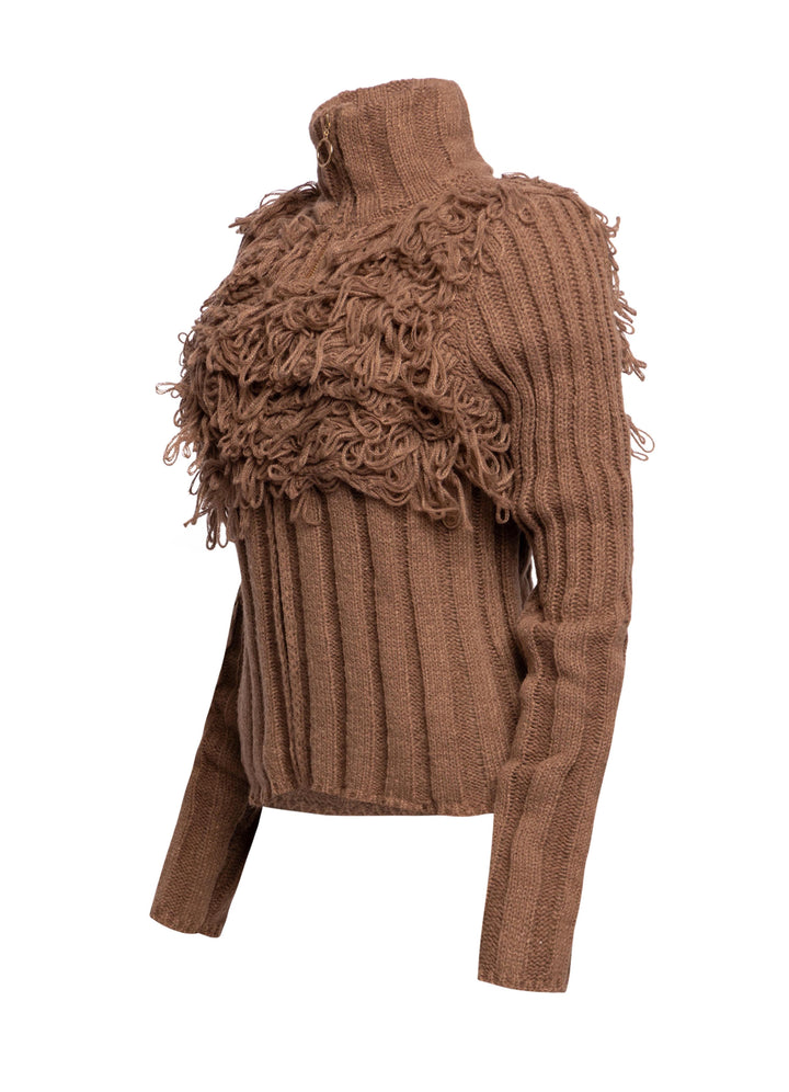 Chunky Knit Fringe Sweater with Zipper Detail