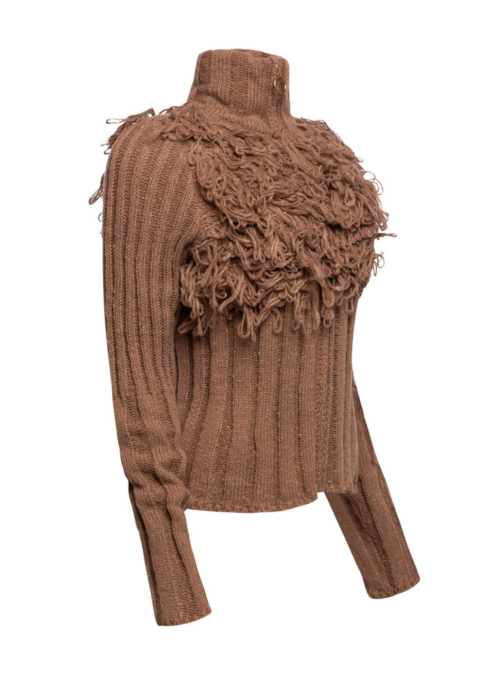 Chunky Knit Fringe Sweater with Zipper Detail