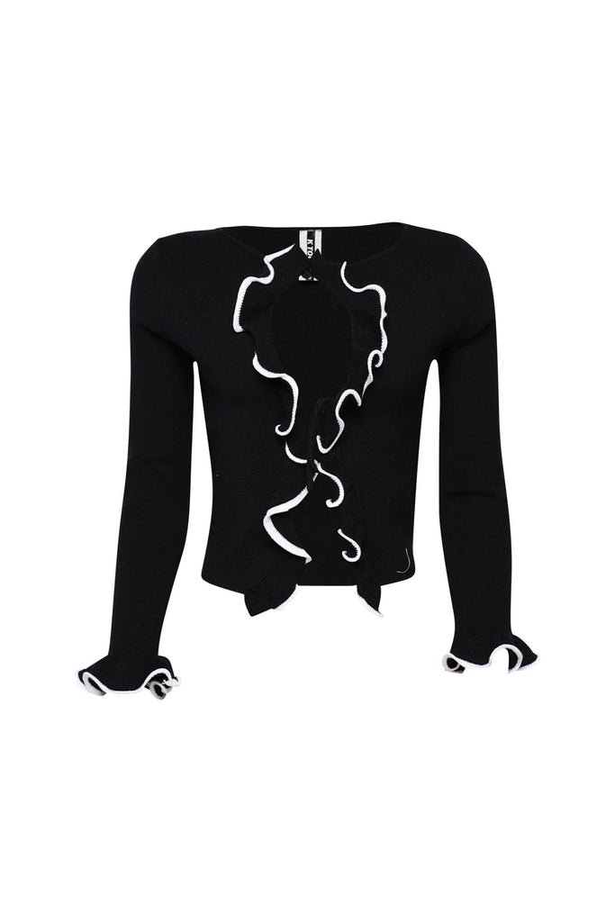 Black cropped cardigan with white contrast frill edges and tie front

