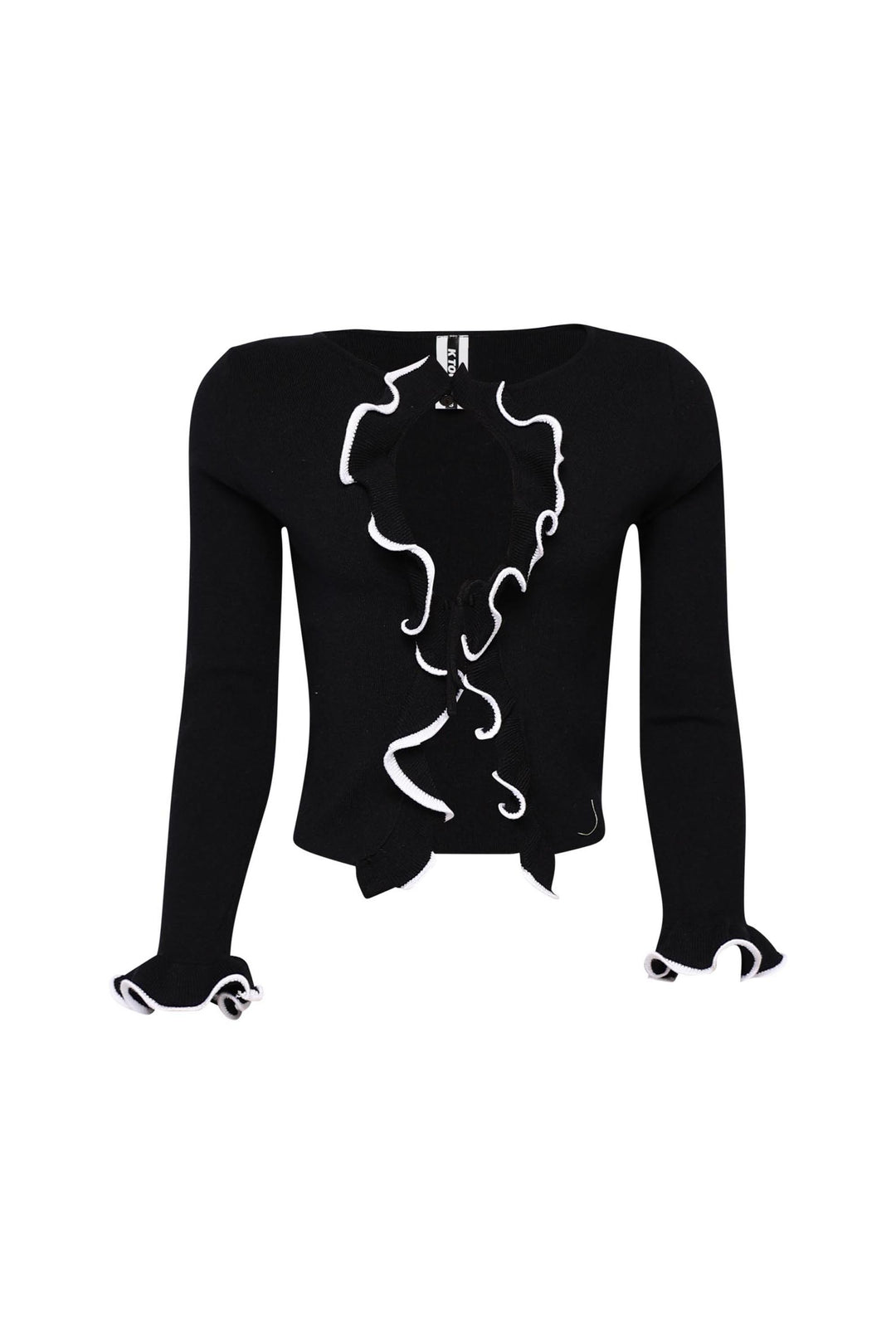 Black cropped cardigan with white contrast frill edges and tie front

