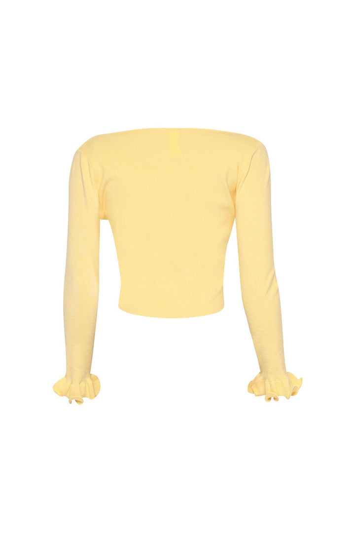 Knit yellow cardigan with ruffled cuffs and open front detail

