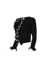 Stretch knit black cardigan with lettuce hem and two-string closure

