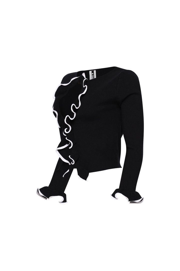 Stretch knit black cardigan with lettuce hem and two-string closure

