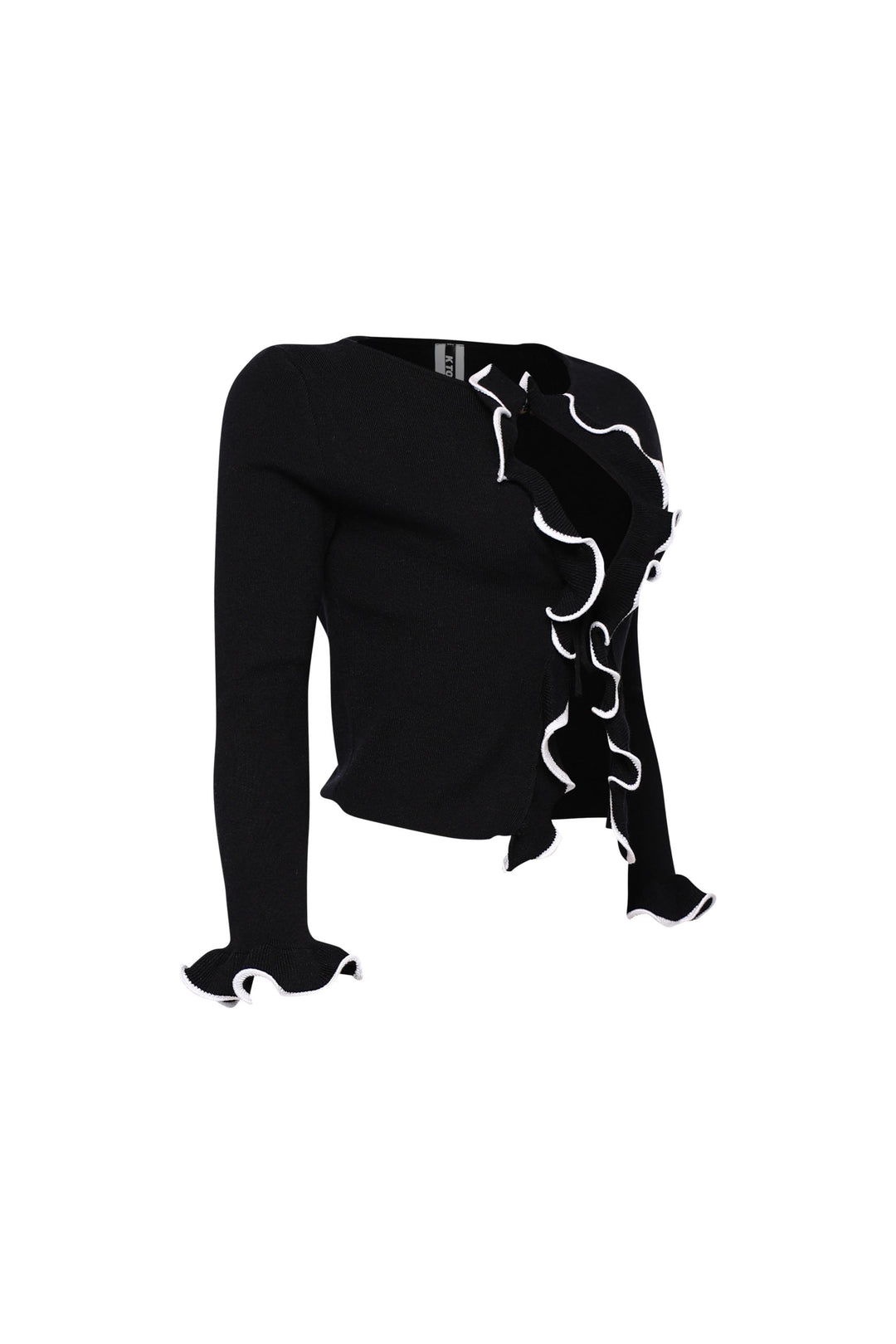 Long sleeve black top with white ruffle details and cropped shape

