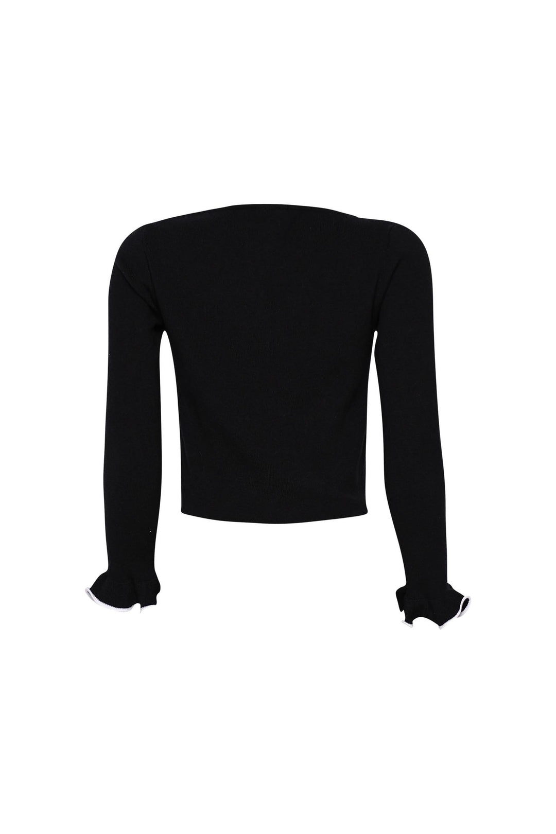 Black knit cardigan with front tie and white trim for a coquette vibe

