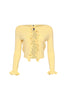 Yellow cropped knit cardigan with ruffle trim and front tie detail

