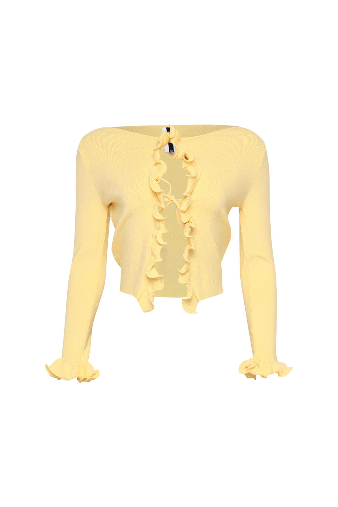 Yellow cropped knit cardigan with ruffle trim and front tie detail

