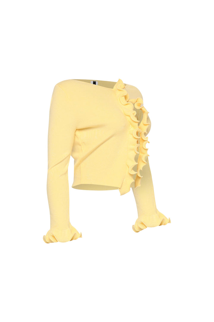 Light yellow long sleeve cardigan with lettuce-edge frills and cropped fit


