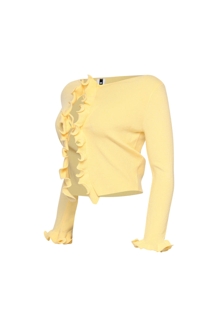 Soft yellow cardigan top with double tie closure and feminine silhouette

