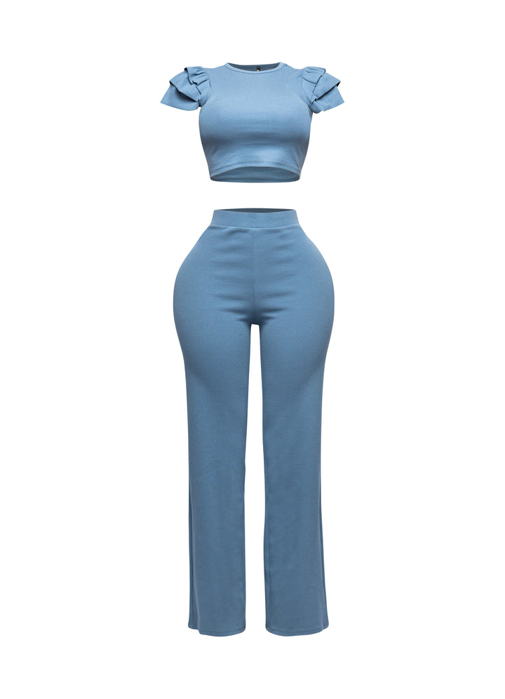 Ruffled shoulder top and pants set
